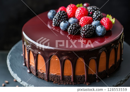 Decadent chocolate layer cake with dark cream and glossy berry glaze, fresh berries on top, dripping glaze detail, soft moody lighting, elegant artisanal dessert on dark background 128553559