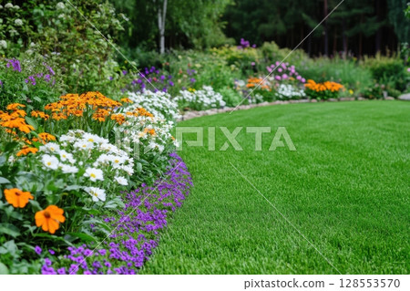 Backyard garden layout with curved emerald lawn, orange, white, and purple blossoms, decorative edging, and zen rock elements. Ideal for landscaping blogs and outdoor design content. 128553570
