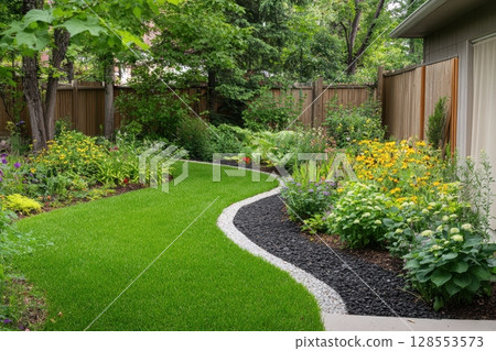 Vibrant modern yard with curved lawn, decorative stones, and flowering perennials. Sunlit and serene, this garden scene suits outdoor design content and tranquil home concepts. 128553573