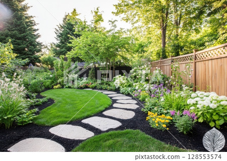 Vibrant modern yard with curved lawn, decorative stones, and flowering perennials. Sunlit and serene, this garden scene suits outdoor design content and tranquil home concepts. 128553574