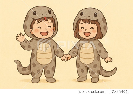 穿著蛇服裝的微笑兒童的插圖 128554043