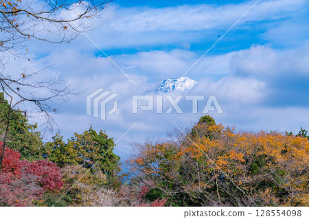 [紅葉] 秋季富士宮市白絲瀑布與雲層中隱現的富士山 [靜岡縣] 128554098