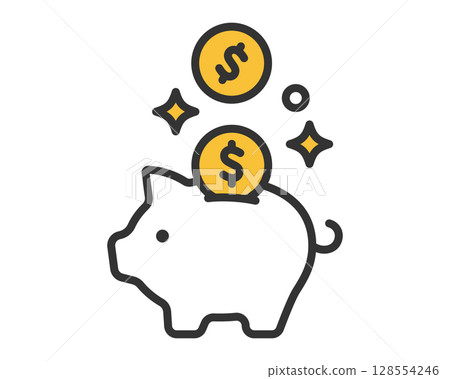 Pig money box icon with dollar coin jumping into it | Vector material 128554246