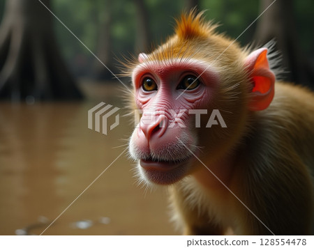 Macro Portrait of Proboscis Monkey with Pink Wrinkled Skin and Alert Expression in Borneo Wetlands 128554478