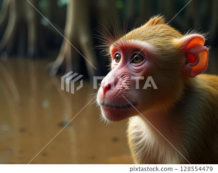 Sharp Close-Up of Proboscis Monkey with Pink Snout and Focused Expression in Borneo Mangrove Wetlands 128554479