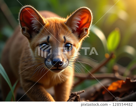 Young Fossa with Expressive Eyes and Tawny Fur in Sunlit Madagascar Jungle 128554482