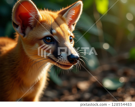 Fossa with Prominent Whiskers and Glossy Fur in Madagascar Forest Light 128554483