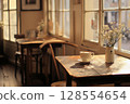 Coffee and dried flowers on a cafe window sill 128554654