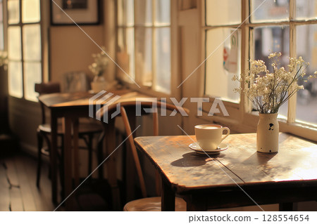 Coffee and dried flowers on a cafe window sill Coffee and dried flowers on a cafe window sill 128554654