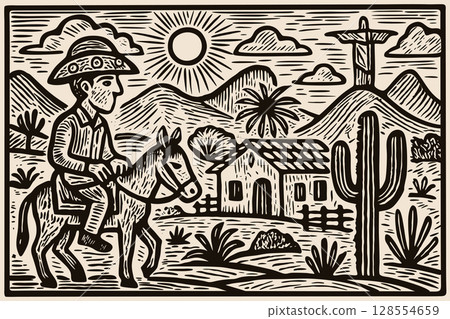 Cordel landscape. Vector woodcut monochrome illustration 128554659