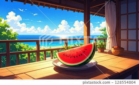 陽台上可以看到積雨雲和半顆紅色西瓜,日本夏季鄉村的動漫風格 陽台上可以看到積雨雲和半顆紅色西瓜,日本夏季鄉村的動漫風格 128554804