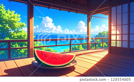 陽台上可以看到積雨雲和半顆紅色西瓜,日本夏季鄉村的動漫風格 陽台上可以看到積雨雲和半顆紅色西瓜,日本夏季鄉村的動漫風格 128554805