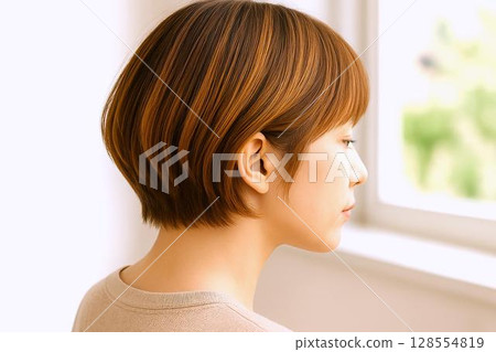 Natural short bob woman, beauty salon, profile image photo hairstyle Natural short bob woman, beauty salon, profile image photo hairstyle 128554819