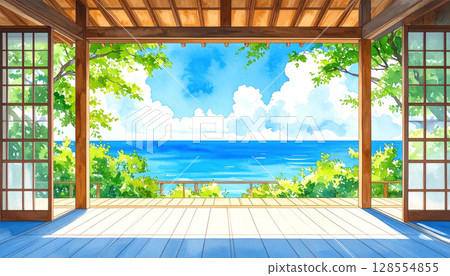 A veranda overlooking the sea with floating cumulonimbus clouds, Japanese countryside in summer, watercolor style 128554855
