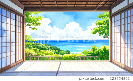 A veranda overlooking the sea with floating cumulonimbus clouds, Japanese countryside in summer, watercolor style 128554861