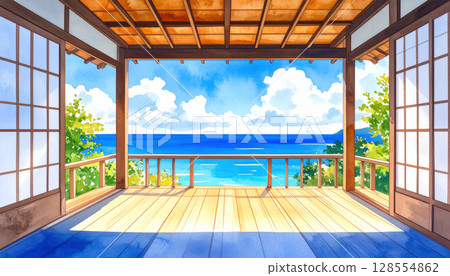 A veranda overlooking the sea with floating cumulonimbus clouds, Japanese countryside in summer, watercolor style 128554862