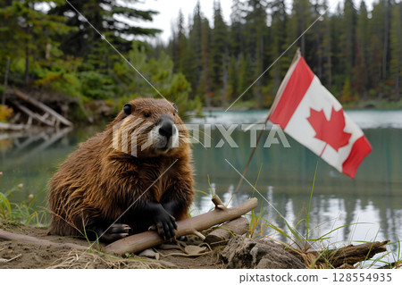 Canadian beaver proudly displays the national flag by a serene lake in a picturesque wilderness 128554935