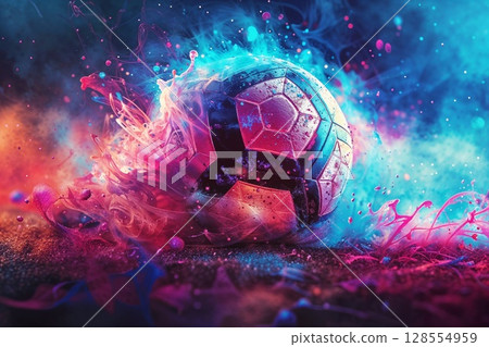 Exploding Soccer Ball with Colorful Splash Effects, Abstract, Blue and Pink, Sports Action 128554959