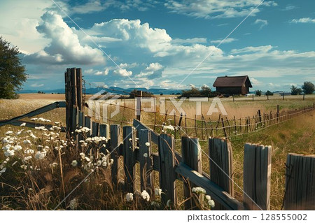 A wooden fence stands in a field with a house in the background 128555002