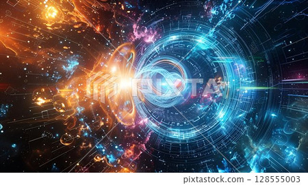 Computer generated glowing circle in space with electric blue hue 128555003