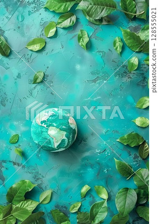 A globe is encircled by lush green foliage on a serene blue background 128555021