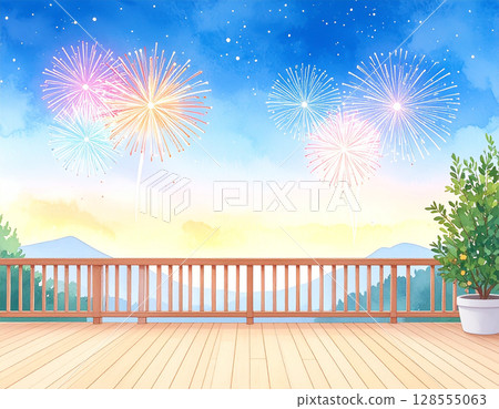 夏夜，私人住宅陽台上綻放的水彩煙火 128555063