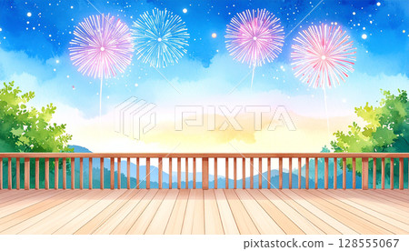 夏夜，私人住宅陽台上綻放的水彩煙火 128555067