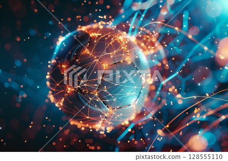 Computer generated image of a glowing globe with lines and dots Computer generated image of a glowing globe with lines and dots 128555110