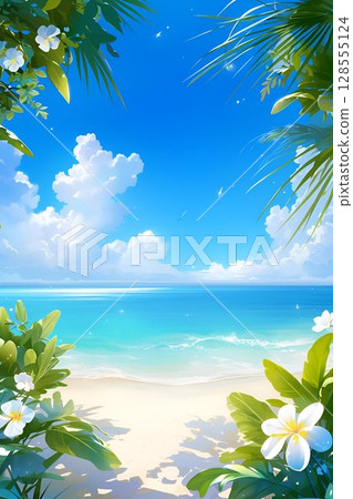 A beautiful painting of a tropical beach adorned with flowers and palm trees 128555124