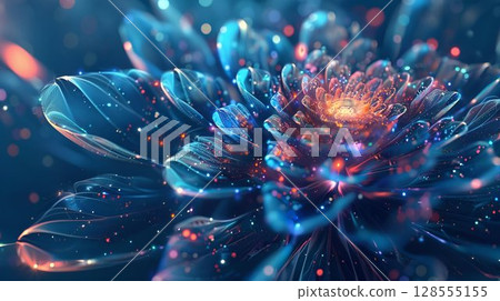 Blue and orange flower on dark background with plant and flower keywords 128555155