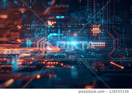 A computer motherboard illuminated with numerous lights 128555156
