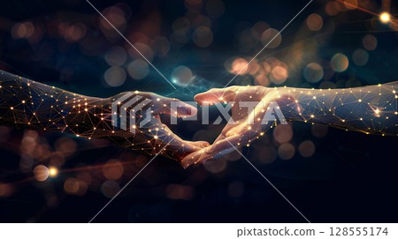 In the darkness, two hands are reaching out to each other in a gentle gesture 128555174