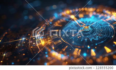 A clock featuring roman numerals on a dark background with a futuristic design 128555200