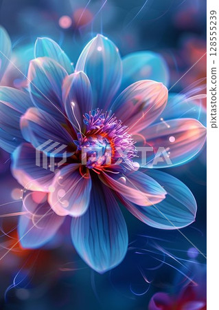 Close up of a blue and purple flower with water drops on petals 128555239