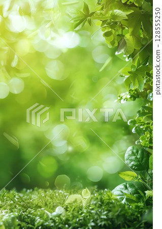 Sunlight through green leaves lush vegetation and serene beauty 128555250