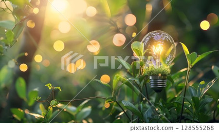 In the center of a lush forest, there stands a single illuminated light bulb 128555268