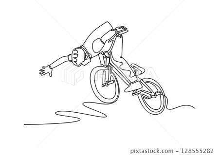 Continuous one line drawing BMX bicycle rider flying and performing stunt no hand in quarter pipe. Active BMX freestyler athlete doing aerial trick. Single line draw design vector graphic illustration Continuous one line drawing BMX bicycle rider flying and performing stunt no hand in quarter pipe. Active BMX freestyler athlete doing aerial trick. Single line draw design vector graphic illustration 128555282
