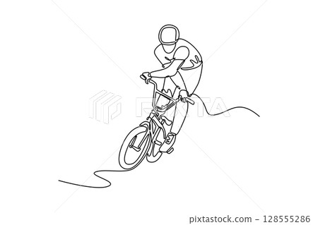 Continuous one line drawing professional bmx rider doing tricks on ramp in skate park. Extreme sports, freestyle, the concept of outdoor activity. Single line draw design vector graphic illustration Continuous one line drawing professional bmx rider doing tricks on ramp in skate park. Extreme sports, freestyle, the concept of outdoor activity. Single line draw design vector graphic illustration 128555286