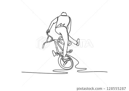 Single continuous line drawing teenage guy is balancing on one wheel on his bmx in skate park and performing freestyle tricks. Active lifestyle, sport. One line draw graphic design vector illustration 128555287