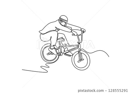 Single continuous line drawing young BMX rider making bike jump and doing aerial trick in street ramp park outdoor. Extreme sports, adrenaline, motion. One line draw graphic design vector illustration Single continuous line drawing young BMX rider making bike jump and doing aerial trick in street ramp park outdoor. Extreme sports, adrenaline, motion. One line draw graphic design vector illustration 128555291