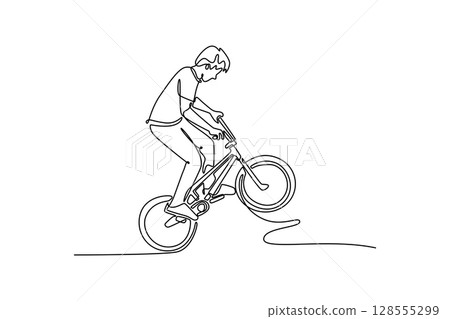 Single one line drawing young cyclist showing off his freestyle riding skills at the extreme sport park. BMX bicycle rider doing stunt wheelie. Continuous line draw design graphic vector illustration 128555299