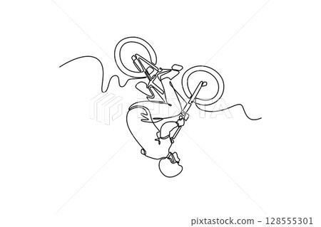 Single one line drawing professional freestyle bmx rider performing tricks and stunts in skate park. Extreme man practicing for X games event. Continuous line draw design graphic vector illustration 128555301