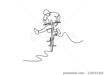 Single one line drawing fit BMX bicycle rider jumping over quarter pipe. Skilled BMX freestyler athlete doing aerial trick in street ramp park. Continuous line draw design graphic vector illustration Single one line drawing fit BMX bicycle rider jumping over quarter pipe. Skilled BMX freestyler athlete doing aerial trick in street ramp park. Continuous line draw design graphic vector illustration 128555302
