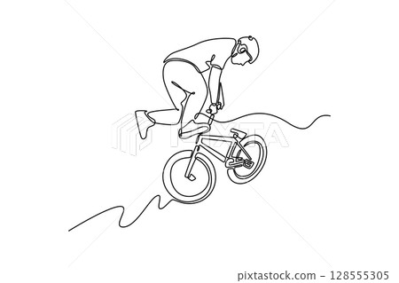 Continuous one line drawing BMX rider making tricks on bicycle in skatepark outdoors. Male athlete doing acrobatic bicycle BMX street performance. Single line draw design vector graphic illustration 128555305