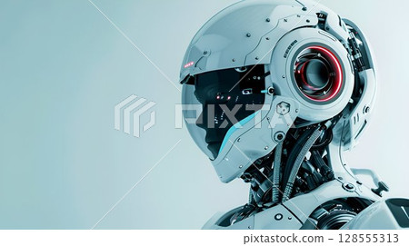 The image shows a detailed view of a robot with a helmet and headphones 128555313