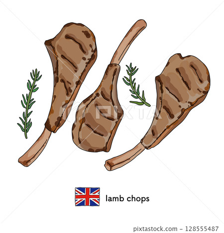 British cuisine _ lamb chop line drawing illustration 128555487