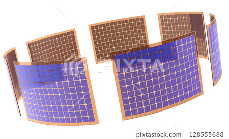 Futuristic composition of flexible solar panels arranged in a circle and renewable energy 128555688