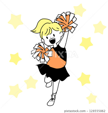 啦啦隊女孩和明星背景（歡呼、絨球、能量）的插圖 128555862