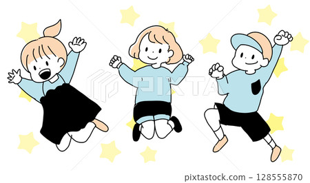 Illustration of jumping children (with color and star background) 128555870