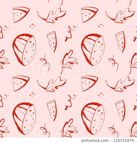 Watermelon seamless pattern with slices seeds and twigs on pink background summer fruity surface design Watermelon seamless pattern with slices seeds and twigs on pink background summer fruity surface design 128555874